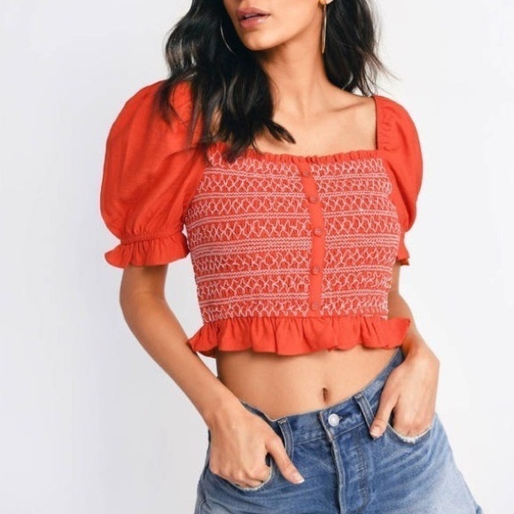 Lost + Wander Bloody Mary Red Smocked Top Puff Sleeve Medium